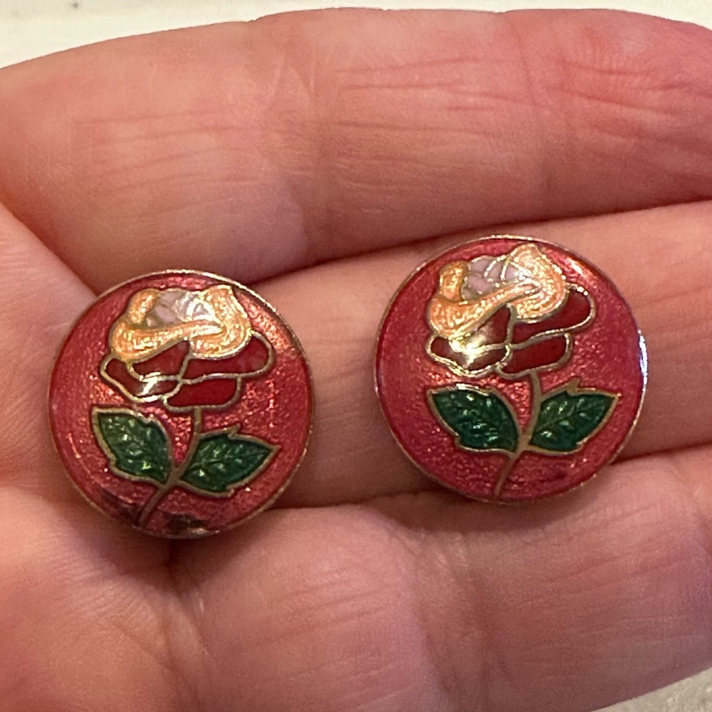 Rose Motif Red and Green Earrings